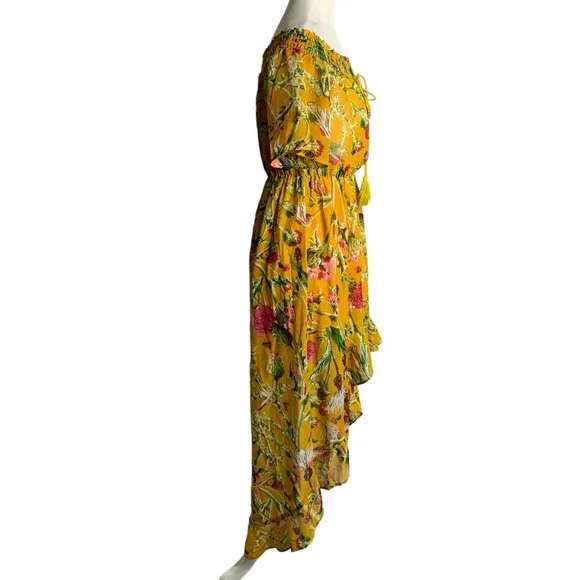 Boohoo Off the Shoulder Midi Dress 6 Yellow Floral High Low Hem Elastic Waist - Picture 6 of 7